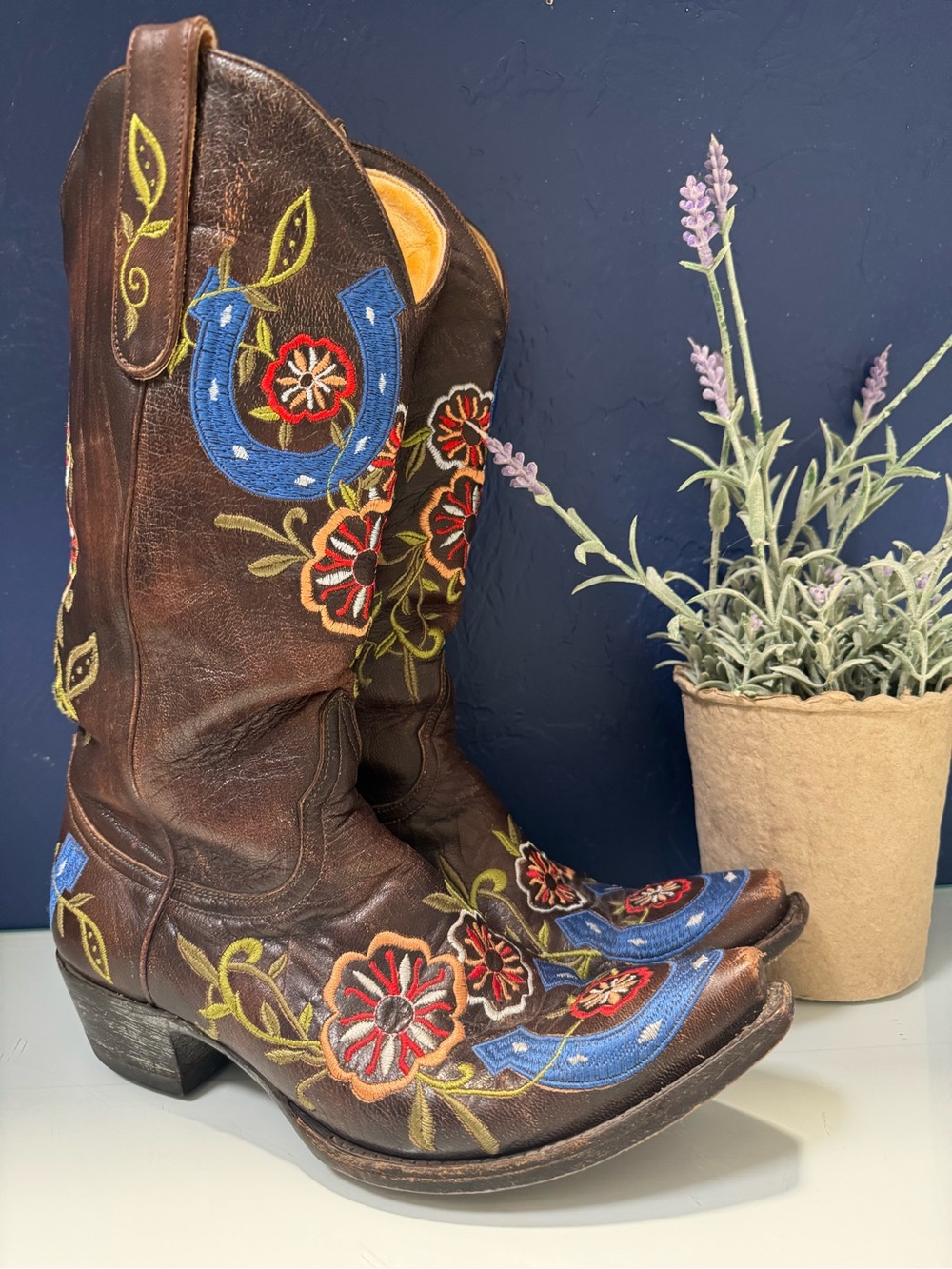 Old Gringo Lucky Floral Horseshoe Embroidered Leather Cowboy Boots 7.5 B
